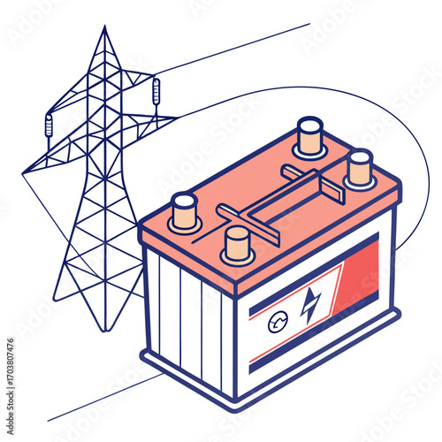 Conceptual illustration of a car battery and a power transmission tower symbolizing energy storage and electricity grid connection for renewable energy solutions and power systems