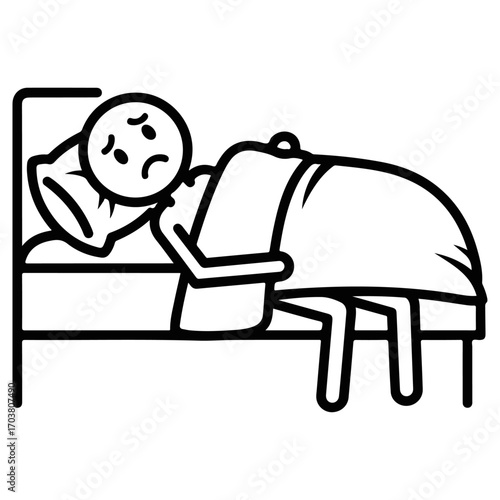 Sad Stickman Lying in Bed Feeling Unwell and Depressed.