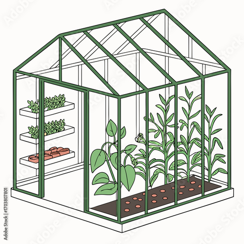 A charming isometric illustration of a greenhouse filled with various plants and vegetables showcasing healthy growth and cultivation in a controlled environment