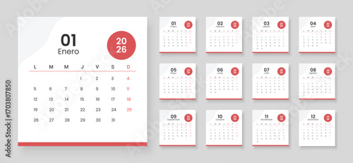 2026 Spanish language Calendar Planner Set. Vector layout of a wall or desk simple calendar.
