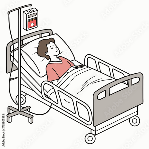 A patient lies in a hospital bed with an iv drip looking peaceful and recovering with medical care and support in a clean healthcare environment