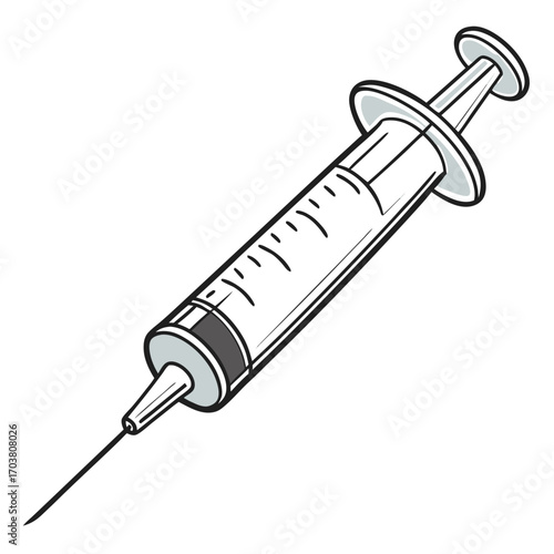 A simple black and white illustration of a medical syringe with a sharp needle and clear barrel marked with measurement lines ready for injection or vaccination