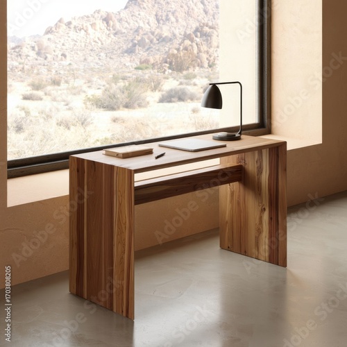 Modern Minimalist Wood Desk, Desert View, Calm Workspace, Laptop, Notebook, Lamp.