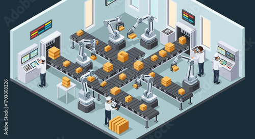 Isometric vector illustration of modern business technology and urban architecture with computers and office icons