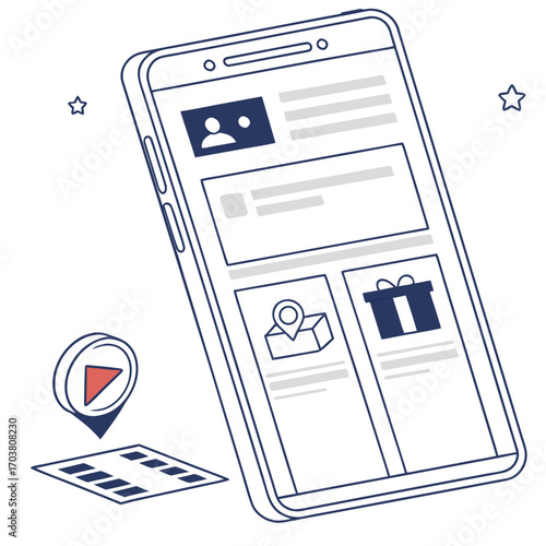 A stylized line art drawing of a smartphone displaying a social media feed with profile pictures text blocks a map pin icon and a gift box icon accompanied by a play button pin and stars