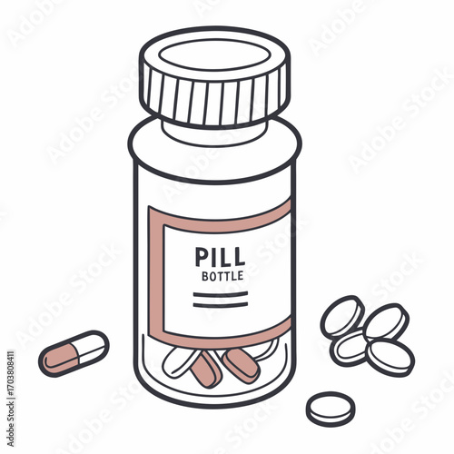 A simple line drawing illustration of a pill bottle with a cap and label containing several pills with additional pills scattered around the bottle on a white background