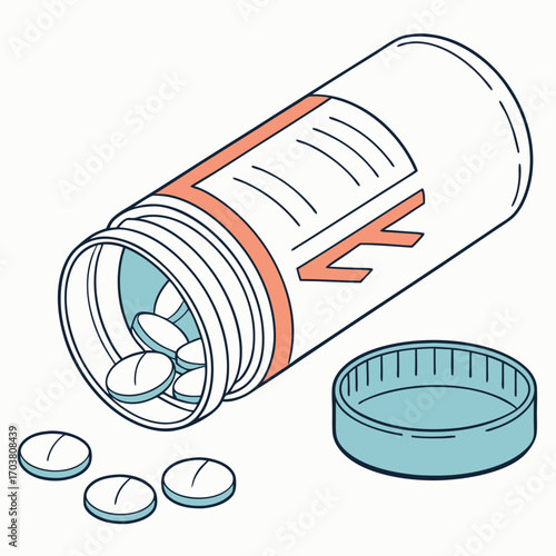 A white prescription bottle with an orange band and a blue cap lies on its side spilling several white oval pills onto a white surface representing medication and healthcare