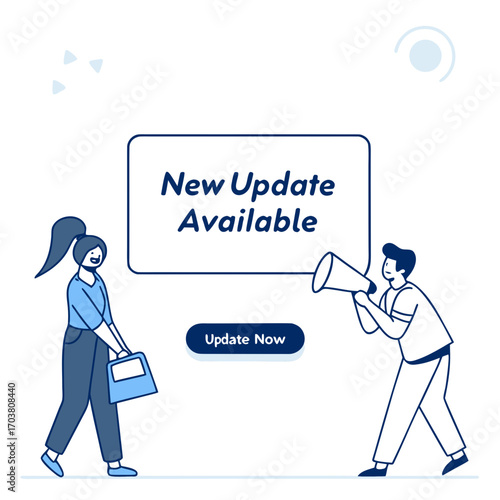 A man with a megaphone announces that a new update is available while a woman walks by with a shopping bag symbolizing new features or improvements