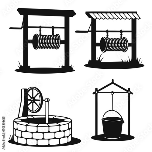 Collection of four black silhouette illustrations of traditional water wells each depicting a different design with a crank rope and bucket set against a white background with grass accents