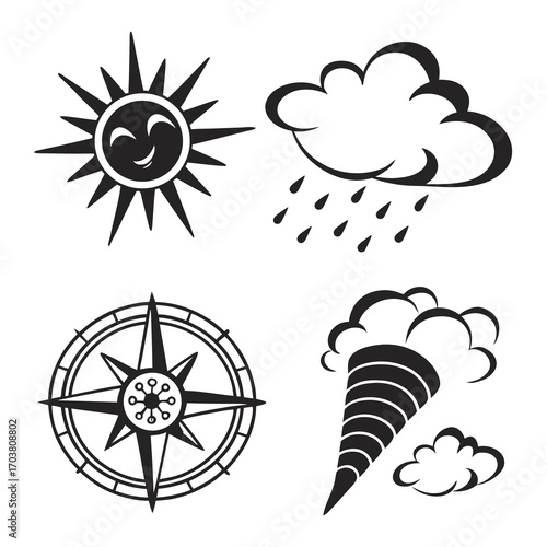 A collection of weather icons including a smiling sun a rain cloud a compass rose and a tornado with surrounding clouds presented in a simple black and white graphic style