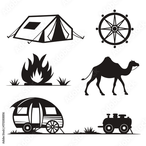 Collection of black and white vector silhouette icons representing outdoor adventure and travel including a tent campfire compass camel caravan and trailer on a white background