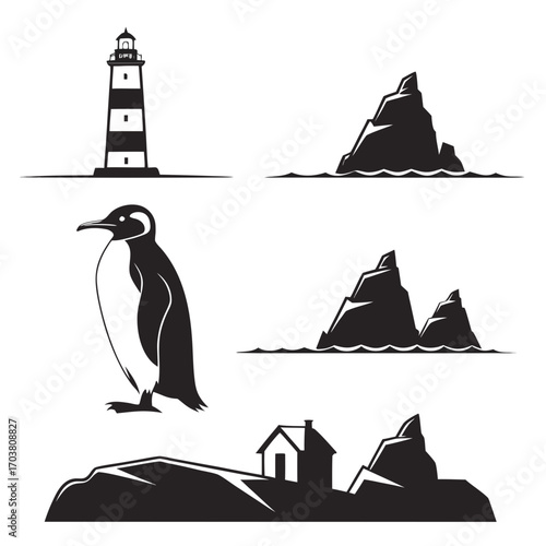 A collection of black and white silhouette illustrations featuring a classic lighthouse a standing penguin rocky islands emerging from the sea and a small house on a rocky outcrop