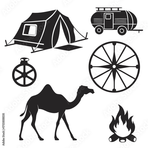 A collection of black silhouette icons representing camping and desert adventure including a tent caravan compass camel and campfire on a white background
