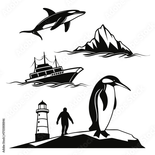 A collection of black and white vector illustrations depicting marine life a research vessel a lighthouse a person and an iceberg representing exploration and the natural world