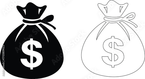 Money Bag Line Art: A simple black and white vector illustration of a money bag with a dollar sign, perfect for finance and business concepts.Monochrome dollar sign on white background
