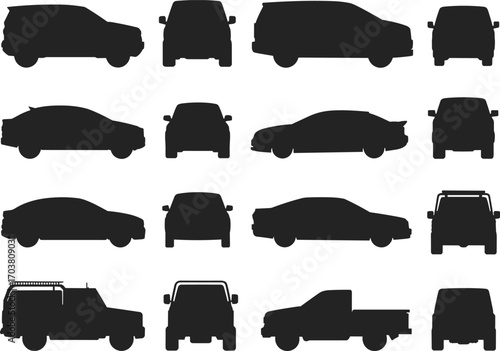 Silhouette vector illustration of cars viewed from front, back, and side, including sedan, SUV, van, pickup, ideal for automotive design and transport