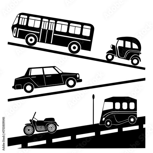 A diverse collection of black silhouette vehicles including a bus car tuk tuk and motorcycle are depicted on a white background illustrating various modes of transportation