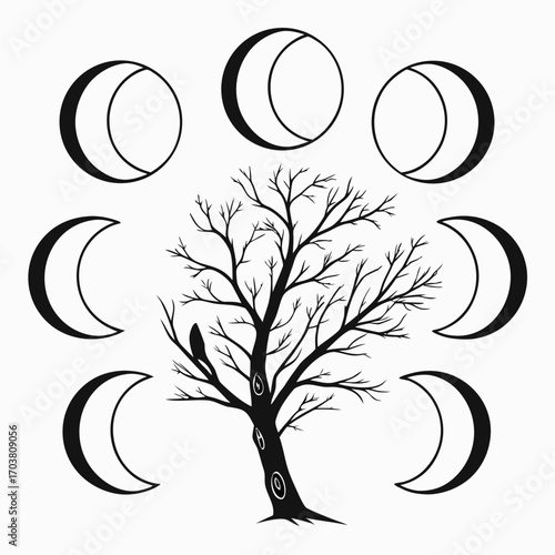 Mystical bare tree silhouette surrounded by the phases of the moon in a circular pattern against a white background evoking a sense of celestial cycles and nature s magic
