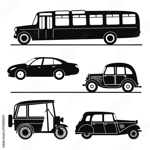 A collection of black silhouette illustrations of various vehicles including a vintage bus a modern sedan a classic car a tuk tuk and another vintage automobile against a white background
