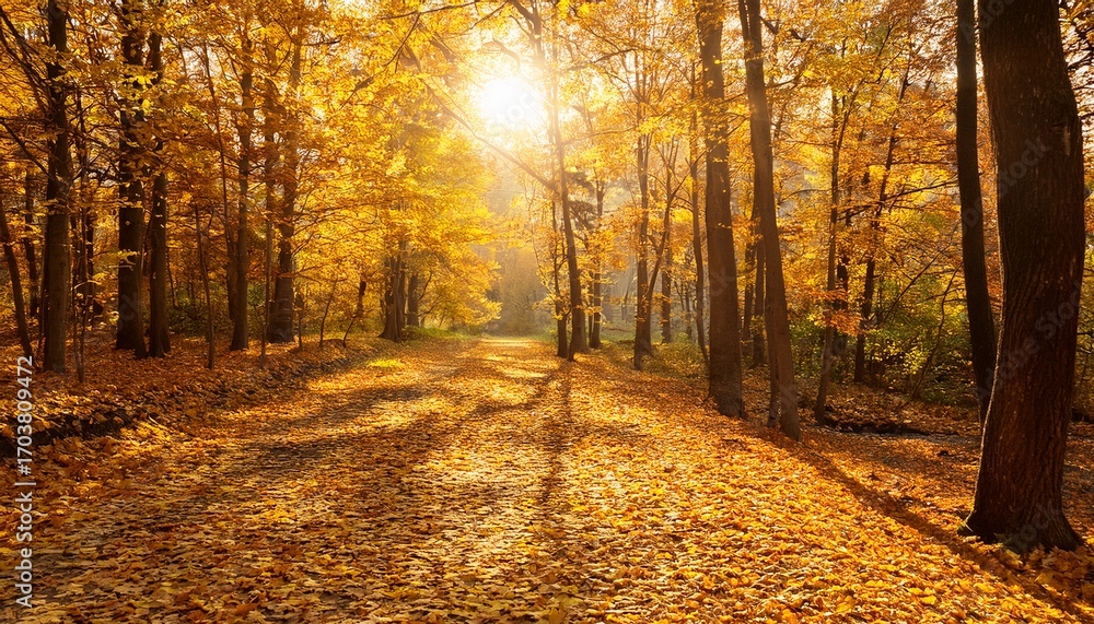 Fototapeta premium A Sunlit Forest Path Covered With Golden Fallen Autumn Leaves Showing Natural Beauty And Peaceful Outdoor Scenery