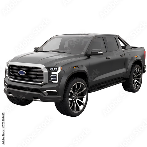 Dark gray pickup truck, front view, modern design,  with large wheels and a cab.