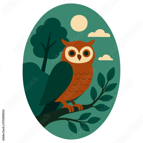 Owl on Branch at Dusk – Forest Bird Oval Badge