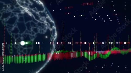 A stock market index with changing values on a rotating planet Earth.