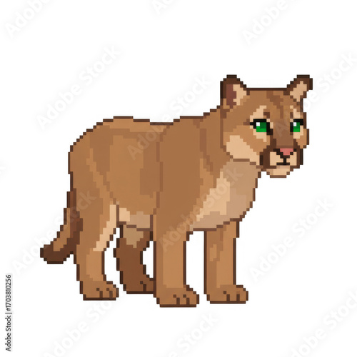 Pixelated Cougar with Brown Fur and Green Eyes on Transparent Background Pixel Art