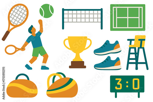 Sports silhouette icon set. featuring tennis, volleyball, trophy, sneakers, window, bags, scoreboard, referee chair
