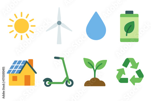 Eco-friendly technology flat icons set. featuring solar, wind, water, battery, house, scooter, plants, recycling