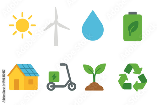 Eco-friendly energy flat icon set. featuring solar, wind, water, battery, house, scooter, plant, recycle symbols