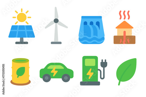Renewable energy flat icon set. featuring solar, wind, hydro, geothermal, biofuel, electric, charging, leaf symbols