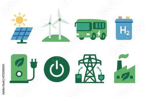 Renewable energy flat icon set. featuring solar panel, wind turbine, hydrogen, power plant, and electric bus symbols