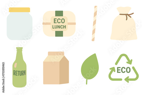 Eco-friendly flat icon set. featuring jar, lunch box, straw, bag, bottle, carton, leaf, and recycle symbols