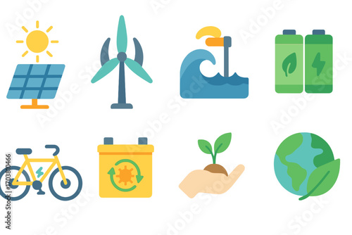 Renewable energy flat icon set. featuring solar panel, wind turbine, wave energy, battery, and bicycle symbols