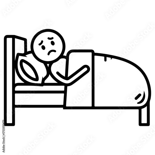 Sad Stick Figure Lying in Bed with Worried Expression.