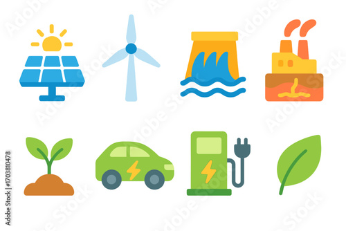 Renewable energy flat icon set. featuring solar panel, wind turbine, hydroelectric dam, geothermal plant, sustainable agriculture, electric vehicle, charging station, green leaf symbols