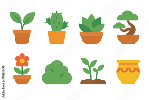 Gardening essentials flat icon set. featuring basil, cactus, aloe, bonsai, flower, bush, seedlings, pot