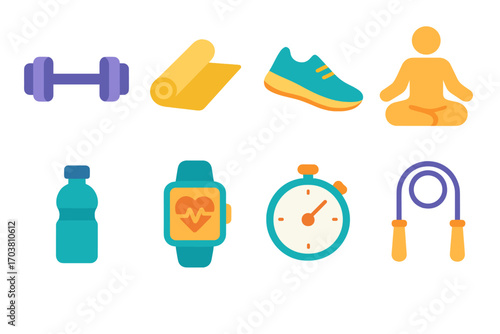 Fitness and exercise flat icon set. featuring dumbbell, mat, sneaker, meditation, water bottle, smartwatch, stopwatch, jump rope.