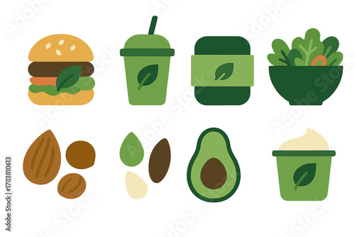 Vegan food flat icon set. featuring burger, smoothie, sandwich, salad, nuts, seeds, avocado, and yogurt symbols