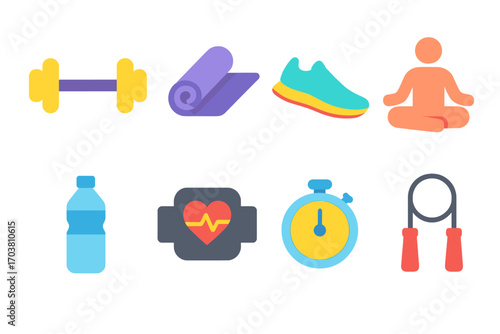 Fitness and wellness flat icon set. featuring dumbbell, mat, shoe, meditation, bottle, heart rate monitor, timer, and jump rope