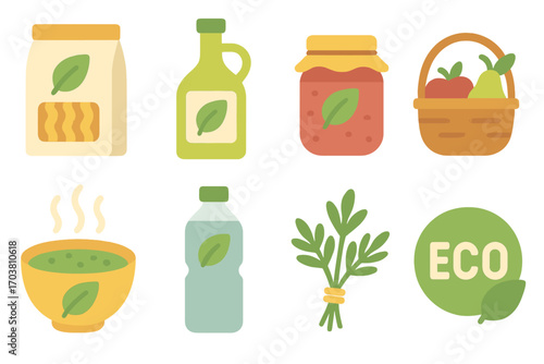 Eco-friendly food flat icon set. featuring pasta, oil, jam, basket, soup, bottle, herbs, eco symbol