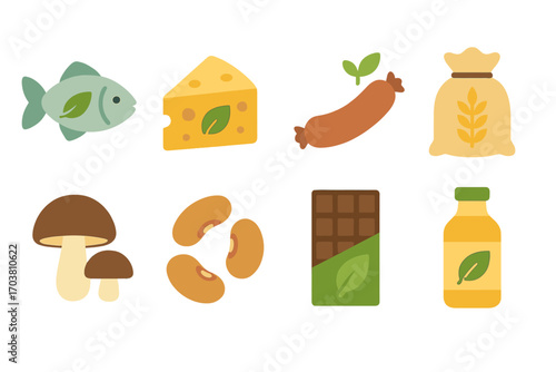 Flat organic food icons set: fish, cheese, sausage, flour, mushrooms, beans, chocolate, juice