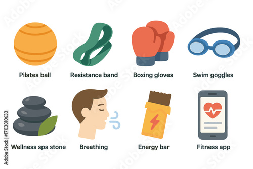 Fitness and wellness flat icons set. featuring pilates ball, resistance band, boxing gloves, swim goggles, spa stone, breathing, energy bar, fitness app