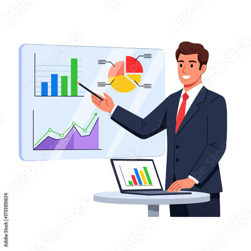 Businessman presenting financial data charts on a screen