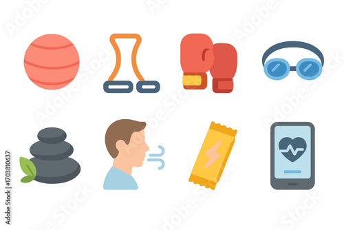 Fitness and wellness flat icon set. featuring ball, trampoline, gloves, goggles, stones, breathing, energy bar, app