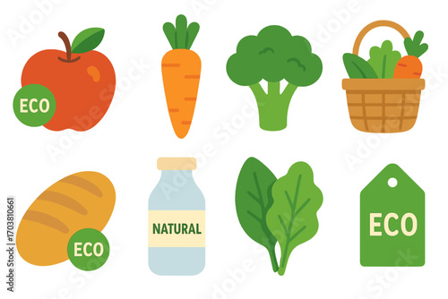 Organic food flat icons set. featuring apple, carrot, broccoli, basket, bread, bottle, spinach, eco tag.
