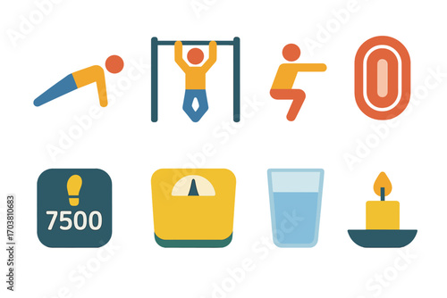 Fitness and health silhouette icons set. featuring push-up, pull-up, squats, running, step counter, scale, water, yoga symbols