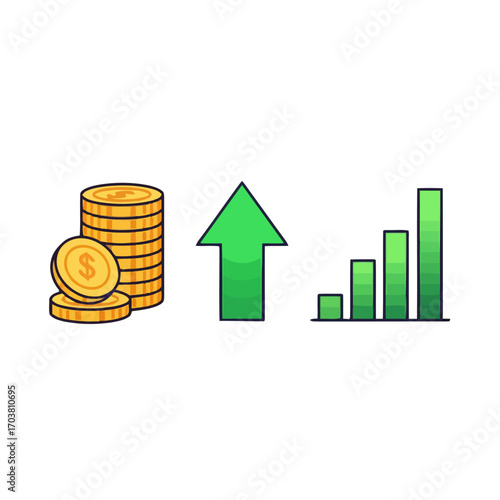 Green arrow pointing up with coins and bar graph