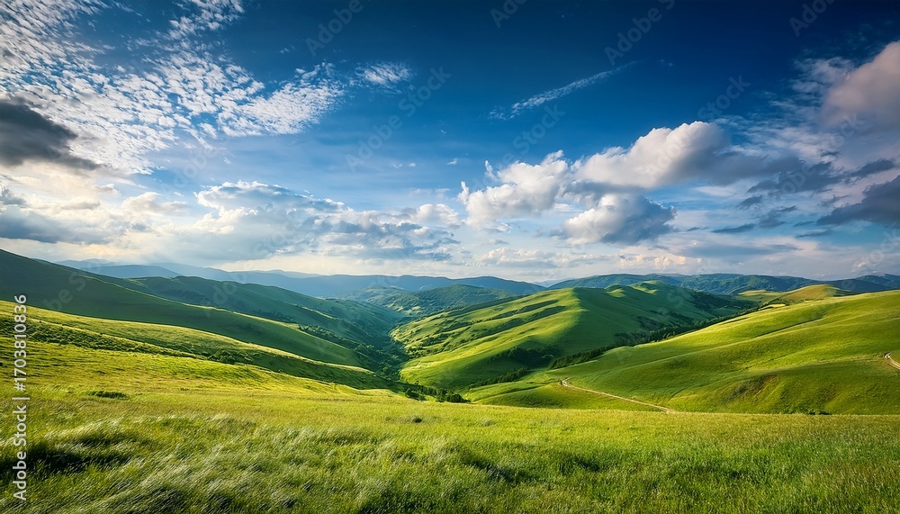 A Serene Landscape Featuring Rolling Green Hills Under A Bright Blue Sky With Scattered Clouds A Serene Landscape Featuring Rolling Green Hills Under A Bright Blue Sky With Scattered Clouds